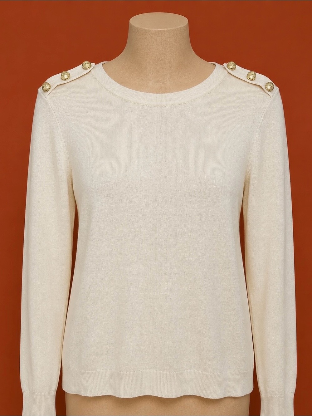 Carolyn Taylor Cream Crewneck Knit Sweater with Gold Shoulder Buttons, Large 🧡